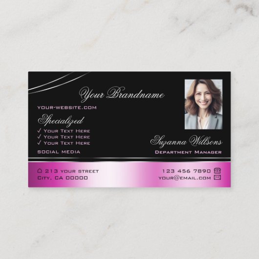黒いモダンピンクの曲線デコールラインロゴ写真 名刺 (裏面)