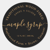 黒いモダンメープルシロップのラベルにオレンジ ラウンドシール (正面)