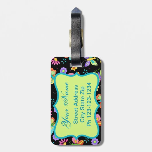 黒いモダンモノグラムの上のウィムシー蝶 ラゲッジタグ (裏面縦)