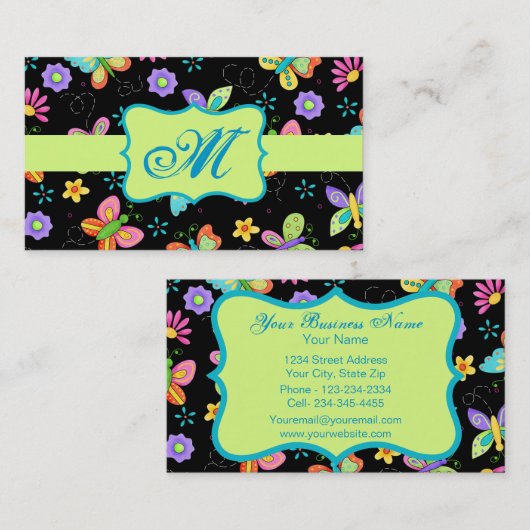 黒いモダンモノグラムの上のウィムシー蝶 名刺 (正面/裏面)