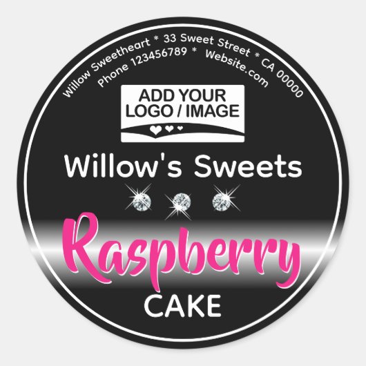 黒いモダンラインストーンカップケーキケーキ生地ラベル ラウンドシール (正面)