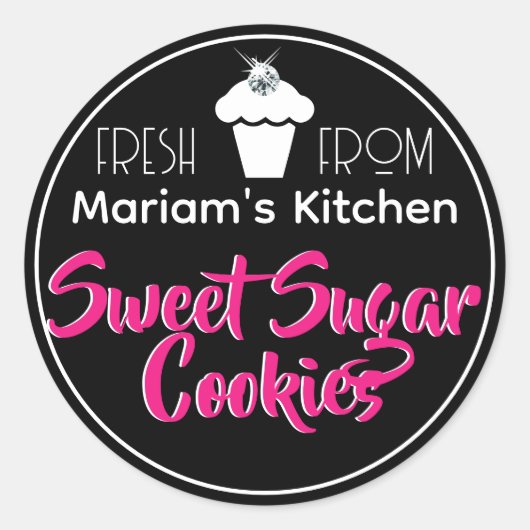 黒いモダンラインストーンカップケーキケーキ生地ラベル ラウンドシール (正面)