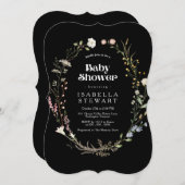 黒いモダンワイルドフラワーエレガントの赤ちゃんシャワー 招待状 (正面/裏面)