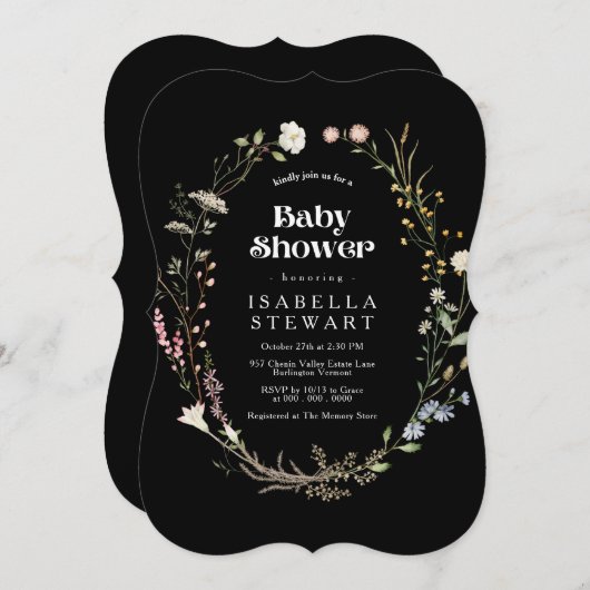 黒いモダンワイルドフラワーエレガントの赤ちゃんシャワー 招待状 (正面/裏面)