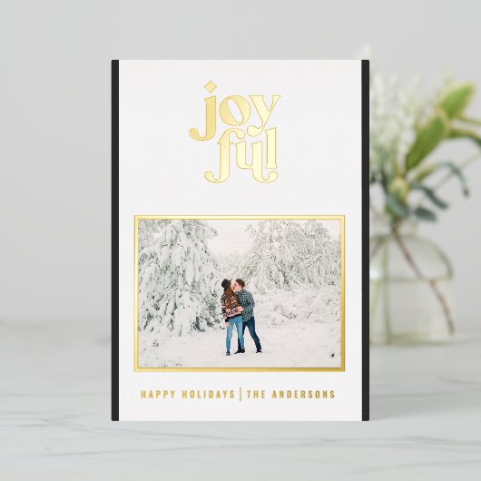 黒いモダン喜び1フォトフォイルのホリデーカード 箔シーズンカード (立ち正面)