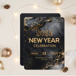 黒いモダン大理石と金ゴールドの渦巻き旋回で新年 招待状