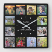 黒いモダン家族の写真コラージモノグラム名 スクエア壁時計 (正面)