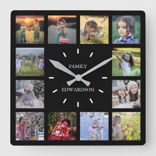 黒いモダン家族の写真コラージモノグラム名 スクエア壁時計 (正面)