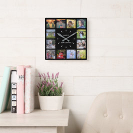 黒いモダン家族の写真コラージモノグラム名 スクエア壁時計