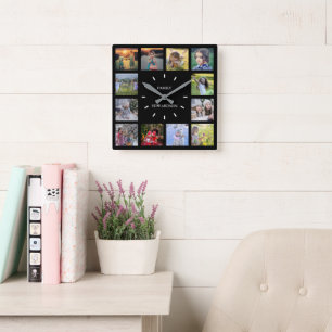黒いモダン家族の写真コラージモノグラム名 スクエア壁時計