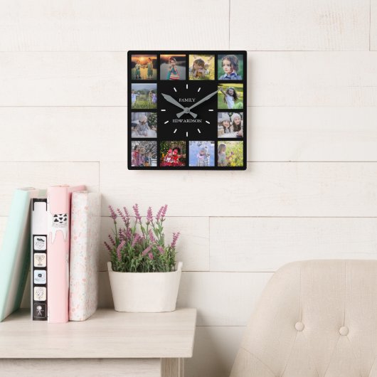 黒いモダン家族の写真コラージモノグラム名 スクエア壁時計 (読書スペース)