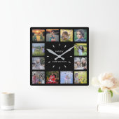 黒いモダン家族の写真コラージモノグラム名 スクエア壁時計 (ホーム)