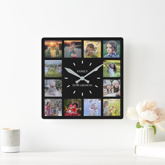 黒いモダン家族の写真コラージモノグラム名 スクエア壁時計 (ホーム)