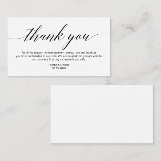 黒いモダン書体結婚，ありがとう エンクロージャーカード (正面/裏面)