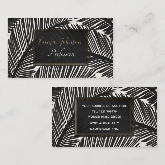 黒いモダン椰子の葉の熱帯パターン 名刺 (正面/裏面)