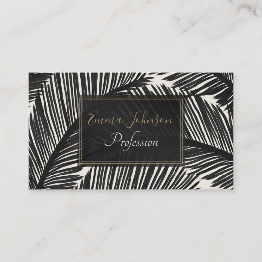 黒いモダン椰子の葉の熱帯パターン 名刺 (正面)