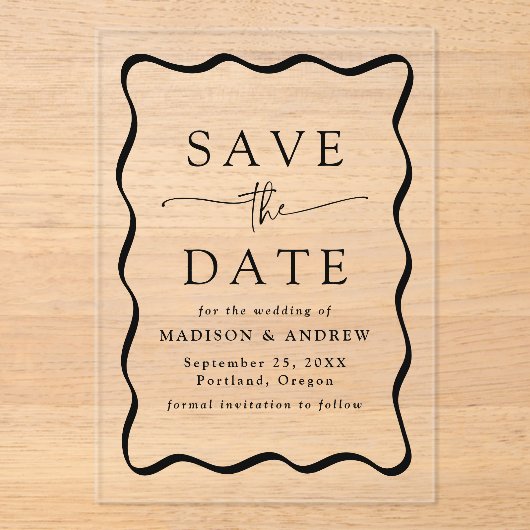 黒いモダン波状フレーム結婚式の日付を保存 アクリル招待状 (正面)