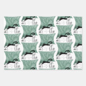 黒いモダン猫と植物のパターン ラッピングペーパーシート (正面)