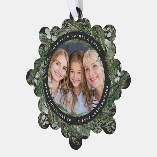 黒いモダン祖母エレガントクリスマス家族 オーナメントカード (左)