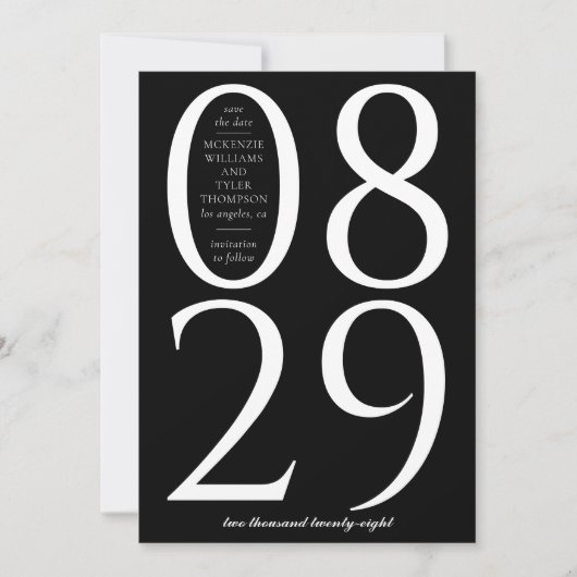 黒いモダン背景に大きな日付を付ける セーブザデート (正面)