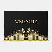 黒いモダン背景の金ゴールドミュージックノート ドアマット (正面)