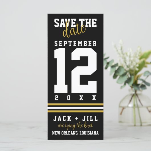 黒いモダン金ゴールドスポーティな結婚式の日付を保存 (スタンド正面)