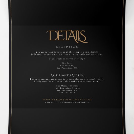 黒いモダン金ゴールドモノグラムを一つ一つ結婚に 三つ折り招待状 (内部中)