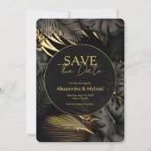 黒いモダン金ゴールド熱帯結婚式の日付を保存 招待状 (正面)
