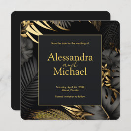 黒いモダン金ゴールド熱帯結婚式の日付を保存 招待状