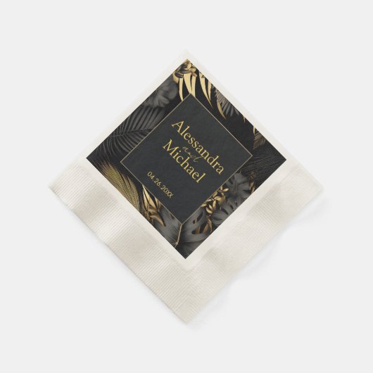 黒いモダン金ゴールド熱帯結婚式の日付を保存 縁ありカクテルナプキン (角)