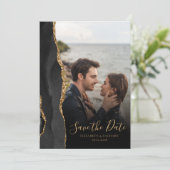 黒いモダン金ゴールド瑪瑙の写真日付カードを保存 セーブザデート (スタンド正面)