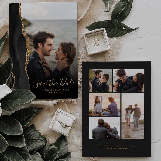 黒いモダン金ゴールド瑪瑙6-Photo日付カードを保存 セーブザデート