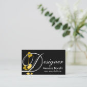 黒いモノグラムのデザイナー黄色バラの花柄 スクエア名刺 (スタンド正面)