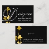 黒いモノグラムのデザイナー黄色バラの花柄 スクエア名刺 (正面/裏面)