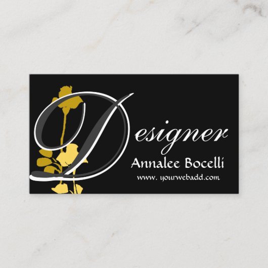 黒いモノグラムのデザイナー黄色バラの花柄 スクエア名刺 (正面)