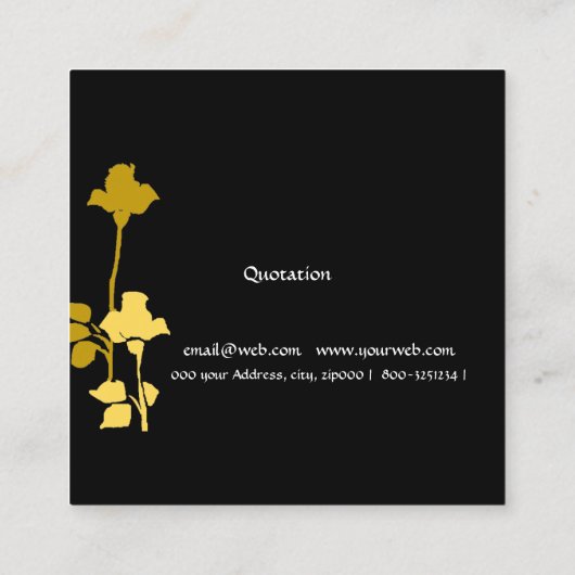 黒いモノグラムのデザイナー黄色バラの花柄 スクエア名刺 (裏面)