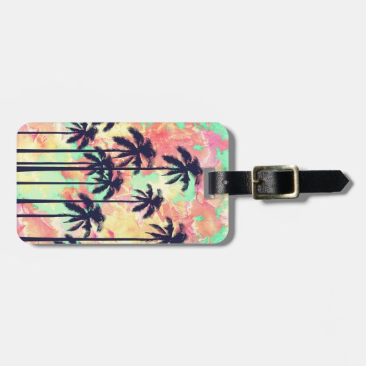黒いヤシの木が付いているカラフルなネオン水彩画 ラゲッジタグ (正面横)