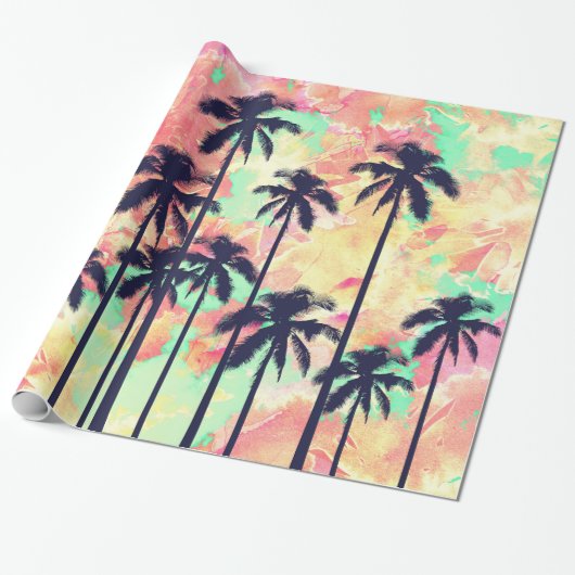 黒いヤシの木が付いているカラフルなネオン水彩画 ラッピングペーパー (アンロールド)