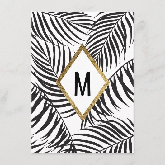 黒いヤシの木の葉状体の金ゴールドのボーダーモダンな結婚式 メニュー (裏面)