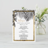 黒いヤシの木の葉状体の金ゴールドのボーダーモダンな結婚式 メニュー (スタンド正面)