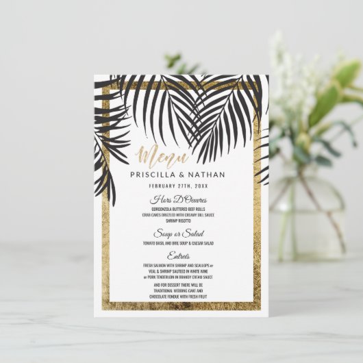 黒いヤシの木の葉状体の金ゴールドのボーダーモダンな結婚式 メニュー (スタンド正面)