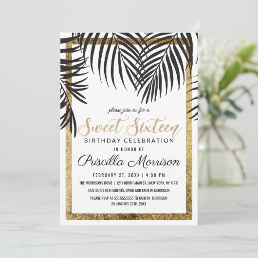 黒いヤシの木の葉状体の金ゴールドのボーダーモダンな菓子16 招待状 (スタンド正面)