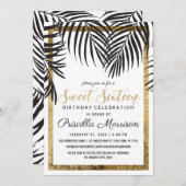黒いヤシの木の葉状体の金ゴールドのボーダーモダンな菓子16 招待状 (正面/裏面)