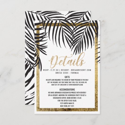 黒いヤシの木の葉状体の金ゴールドのボーダーモダンの詳細 エンクロージャーカード (正面/裏面)