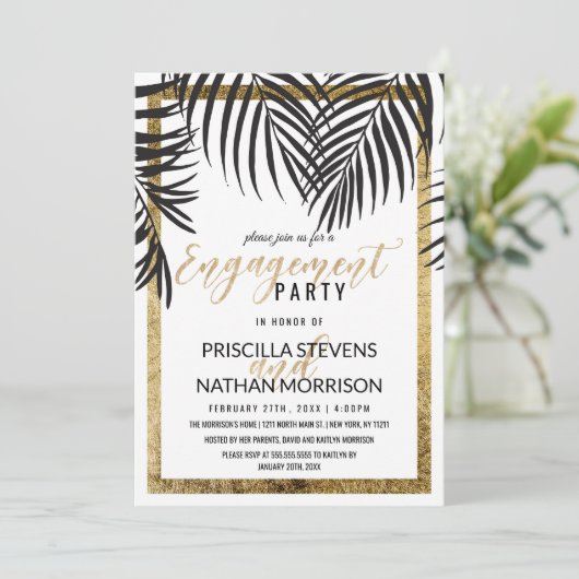黒いヤシの木の葉状体の金ゴールドのボーダー婚約 招待状 (スタンド正面)