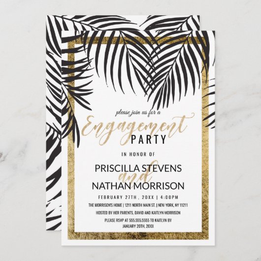 黒いヤシの木の葉状体の金ゴールドのボーダー婚約 招待状 (正面/裏面)