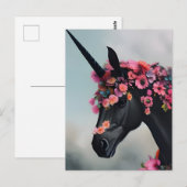 黒いユニコーンと花 ポストカード (正面/裏面)