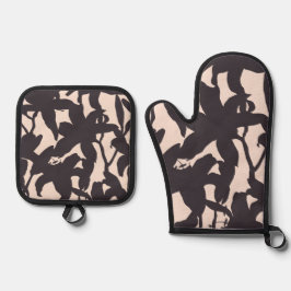 黒いユリのシルエット 鍋つかみ&鍋敷きセット