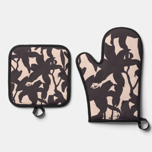 黒いユリのシルエット 鍋つかみ&鍋敷きセット (正面)