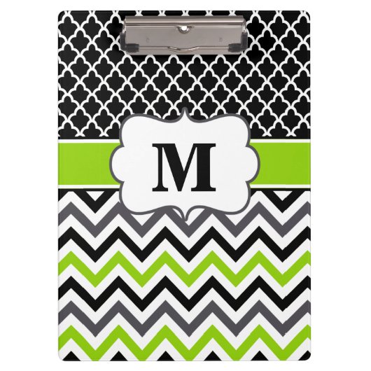 黒いライムグリーンのシェブロンのモノグラムのクリップボード クリップボード (正面)
